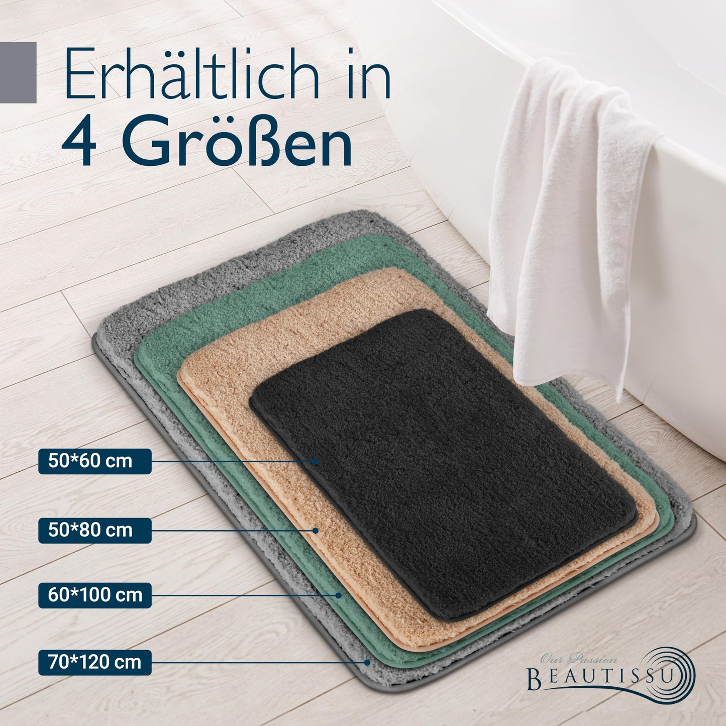 Beautissu bath mat non-slip 120x70 cm - shower rug high pile bath mat non-slip washable shaggy look - fluffy bath rug shower bathroom mat large - gray bath mat BeauMare FL