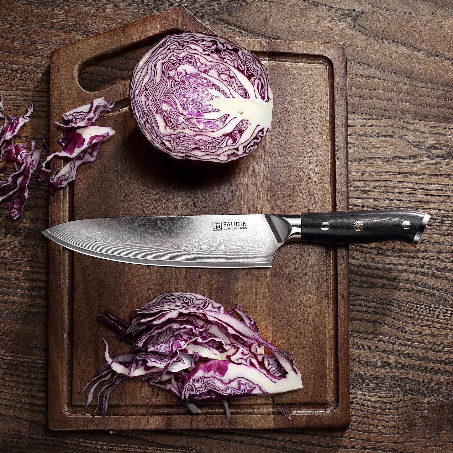 PAUDIN 8 inch Damascus Chef Knife, Kitchen Knife with Ergonomic G10 Handle, Sharp Japanese VG10 Steel Blade.