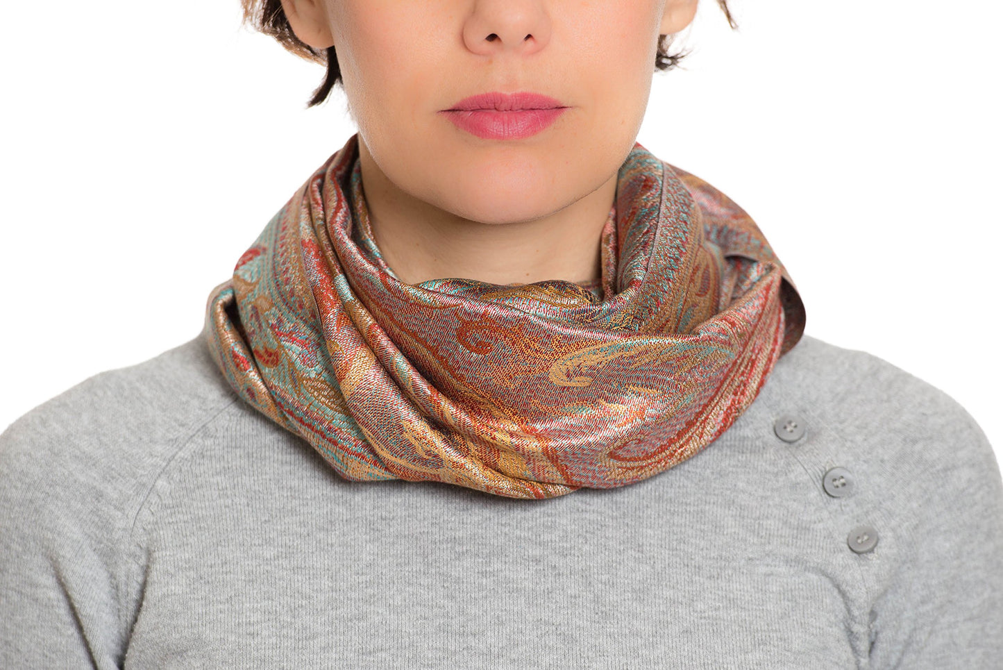 Ufash Pashmina 100% silk scarf from India for women & men, Paisley pattern, 160 x 35 cm - Pure silk scarf, Brown.