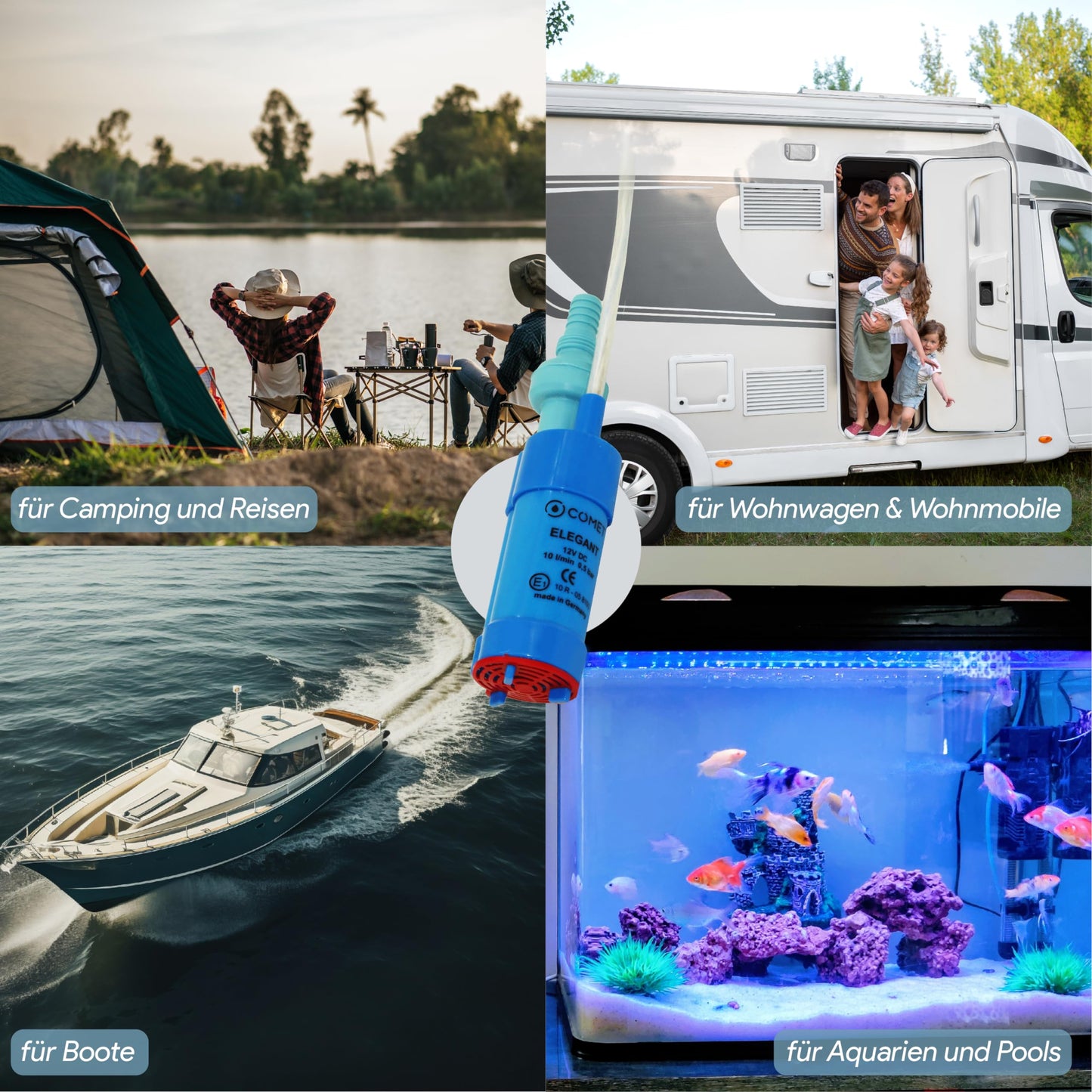 Comet Elegant Water Pump 12V with Check Valve (Fixed) + Filter - Set with Camping Ebook - for Motorhome, Caravan, Submersible Pump