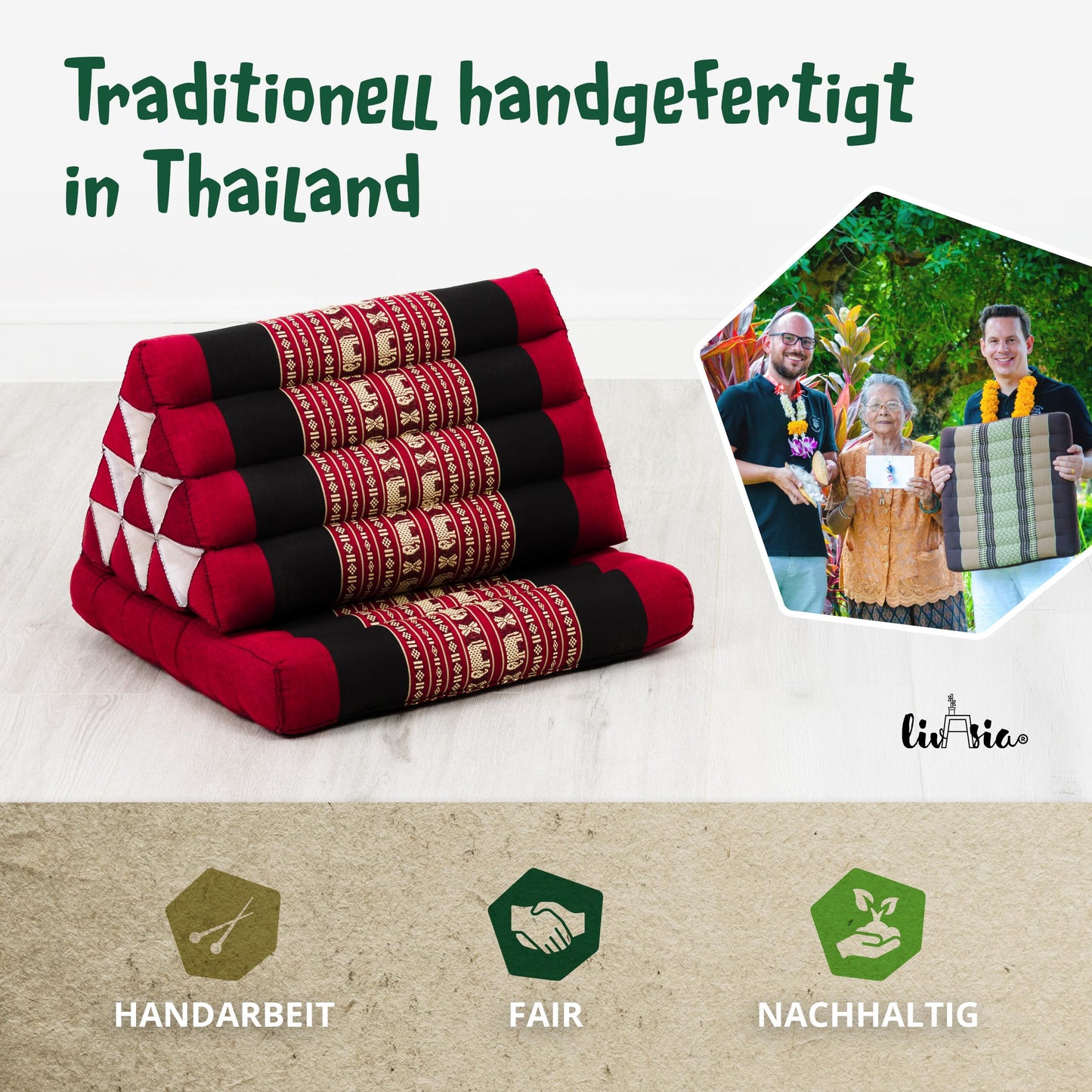 Livasia Thai pillow with 1 pad - 75x50x8cm - triangle pillow with seat cushion, wedge pillow with kapok, foldable back pillow, Thai mat for folding, handmade, meditation pillow (red/elephants)
