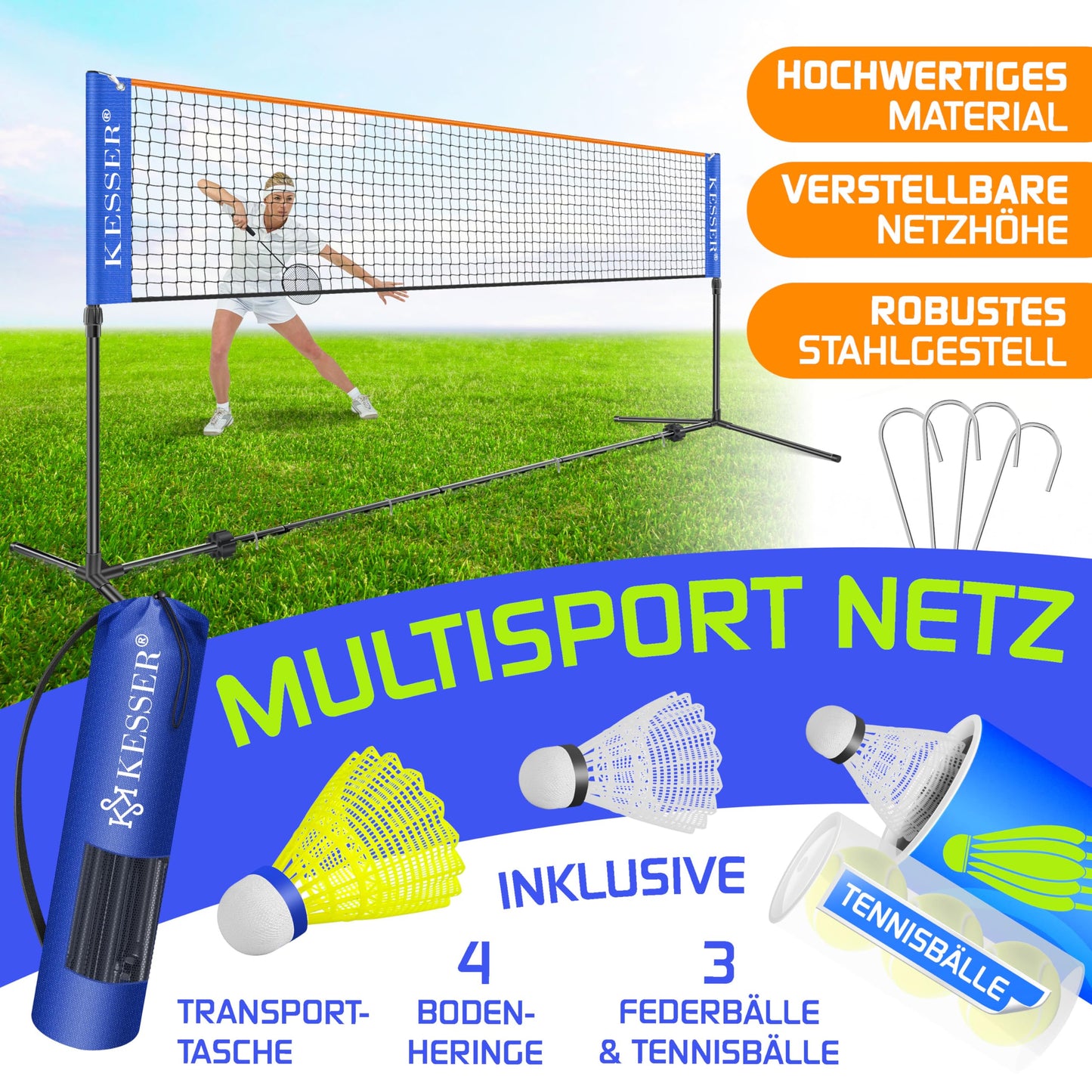 KESSER® Badminton Net Tennis Net | Badminton Net 3-Way Height Adjustable 107/120/155cm, sturdy frame, set with net, 3X shuttlecocks & 3X tennis balls, mounting accessories, carrying bag, indoor & outdoor