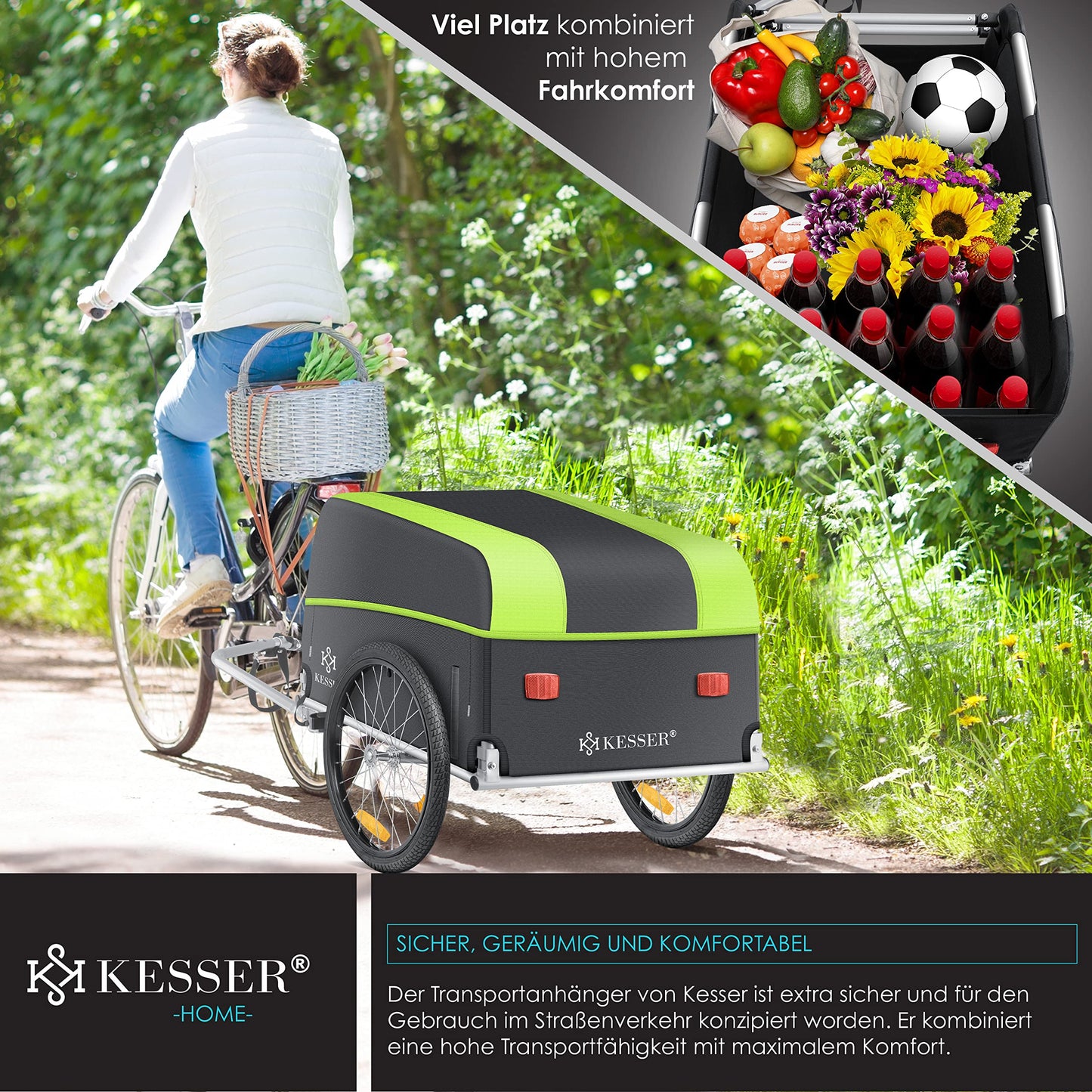 KESSER® bicycle trailer cargo trailer transport trailer high drawbar with coupler, incl. cover folding function high drawbar attaches to bicycle transport box with 120 liters max. 40 kg light green