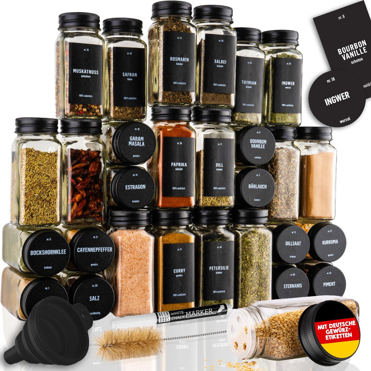 Deco house® Square Spice Jars with Spice Labels, 36-piece set with Shaker Inserts - Spice Jars Set Spice Containers Spice Storage - Spice Jars Spice Shakers Glass