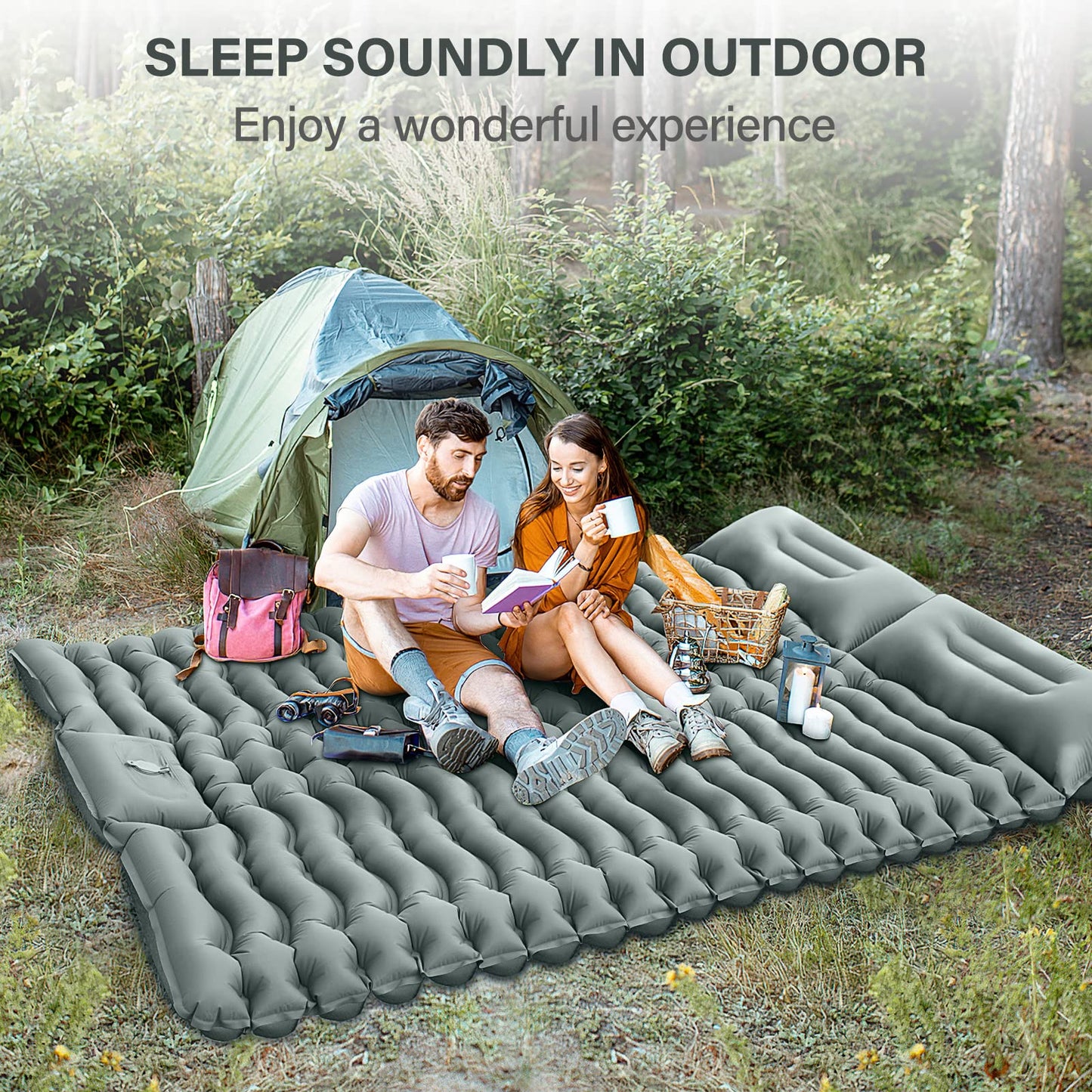 Yuzonc Double Camping Mattress, Self-Inflating Camping Pad with Foot Pump, Ultralight Thickened Sleeping Mat for Hiking Travel Backpacking Tent (Gray)