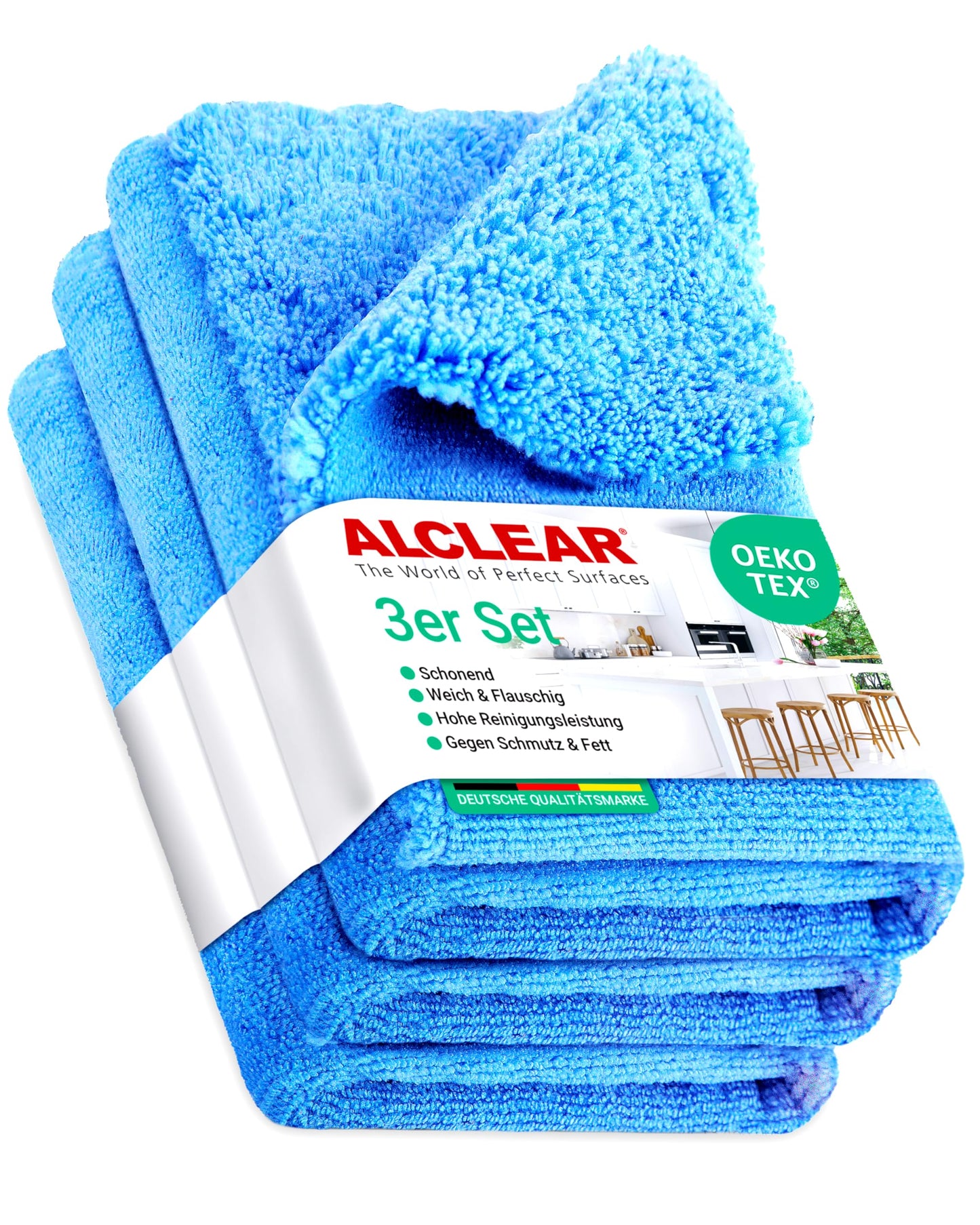 ALCLEAR 820203K_3 microfiber cloths 3-pack 40x40 cm - for high gloss kitchen, furniture fronts, varnish, plastic, glass, lint-free, streak-free, ultrasonically cut, can be used damp, washable 60° C
