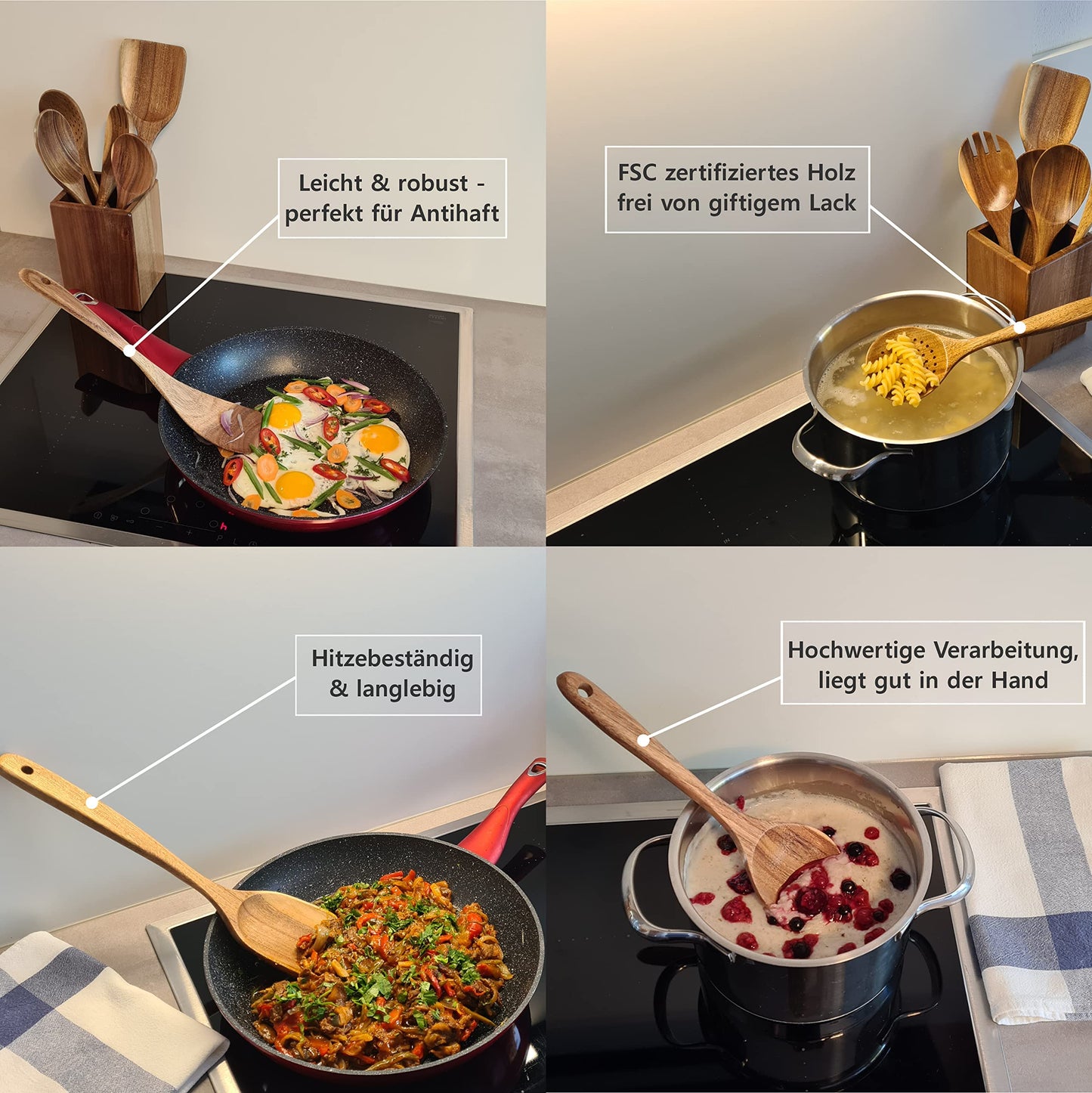 ALEXE® Kitchen Helper Set made of acacia wood, 6 pieces of wooden kitchen utensils set (acacia), Japanese style, scratch-resistant and heat-resistant, wooden cooking spoon set for non-stick pans