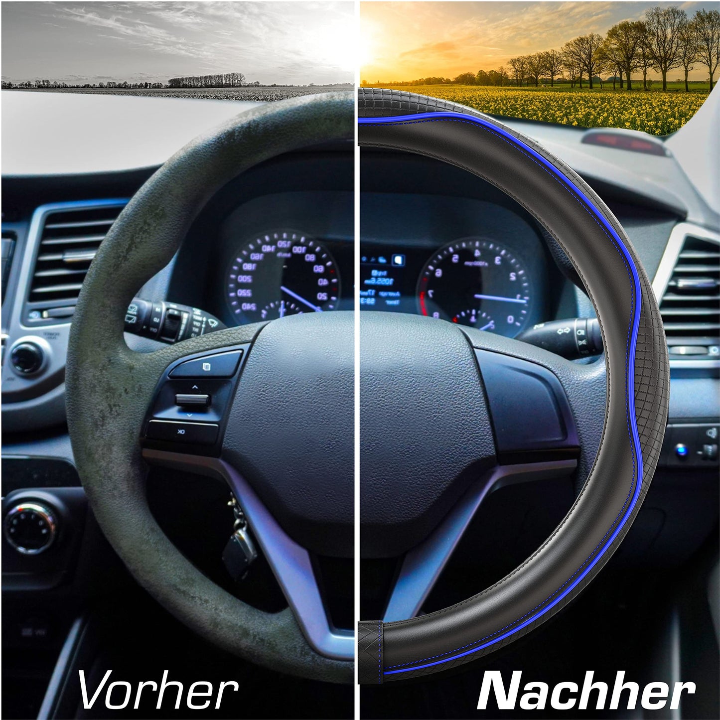 Upgrade4cars steering wheel cover Blue Black in leather look | Steering wheel cover Universal 37-38 cm for summer & winter | Car accessories interior gift ideas | Gifts for women and men