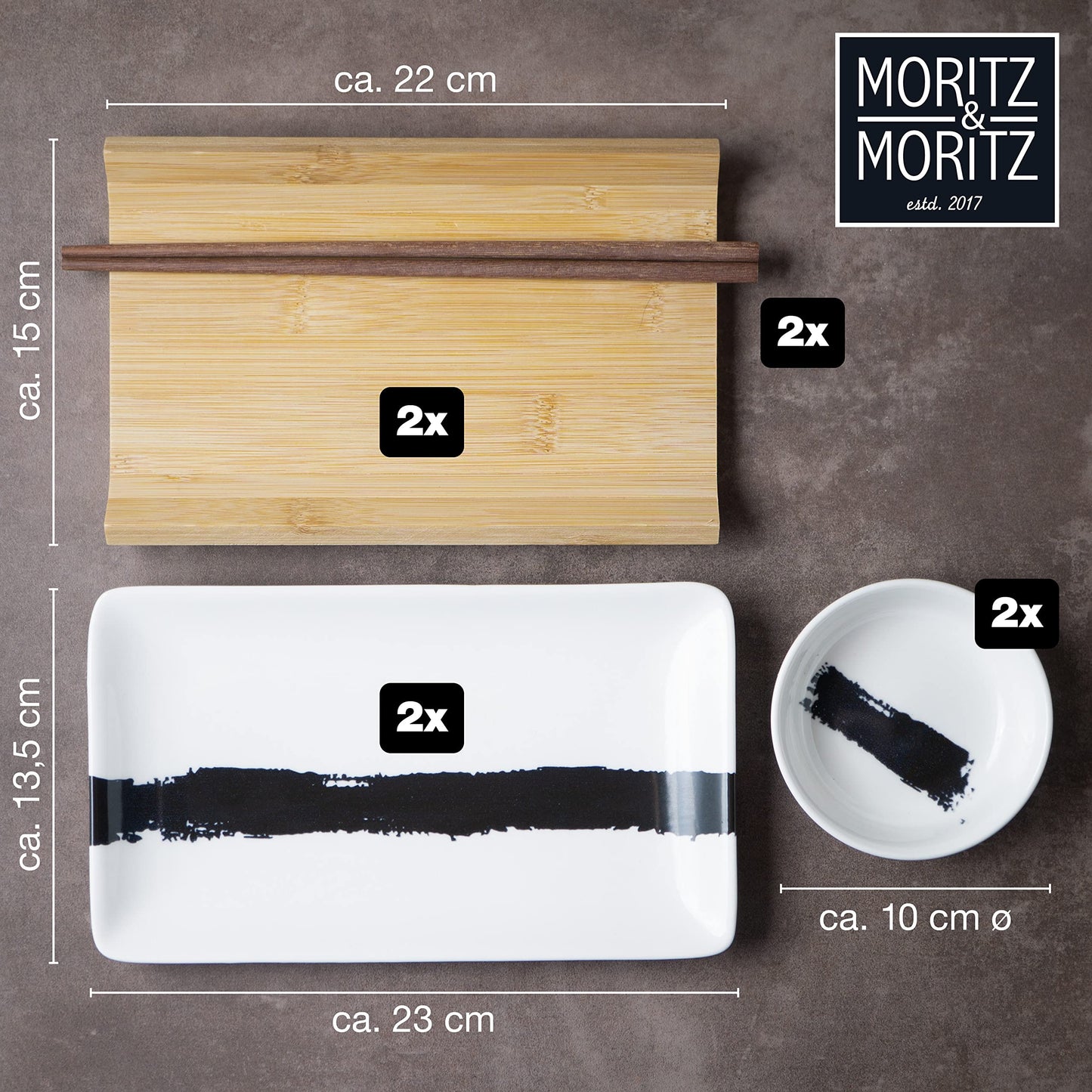 Moritz & Moritz 8-piece sushi tableware set for 2 people - sushi serving set with 2 sushi plates, dip bowls, and chopsticks.