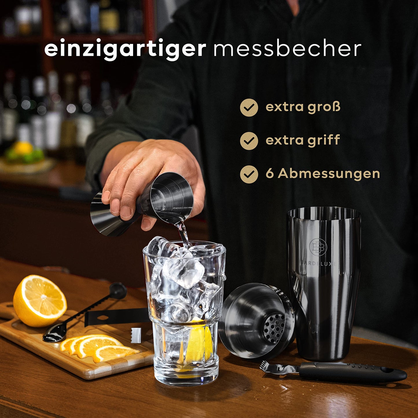BarDeluxe® Boston Shaker Set 5-piece, Bartender Set, Cocktail Mix Set - 750ml Boston Cocktail Shaker, Stainless Steel Cocktail Set, Cocktail Accessories - Luxury Gift Set, Bag & Recipe Book (Black)