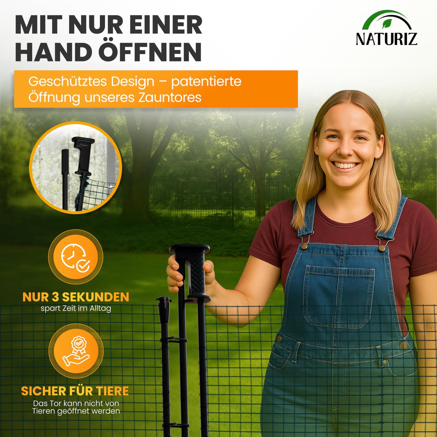 NATURIZ® Electric Fence Gate with One-Hand Opening - mobile gate for camping, garden & pasture - gate with quick set-up & take-down, no electricity.