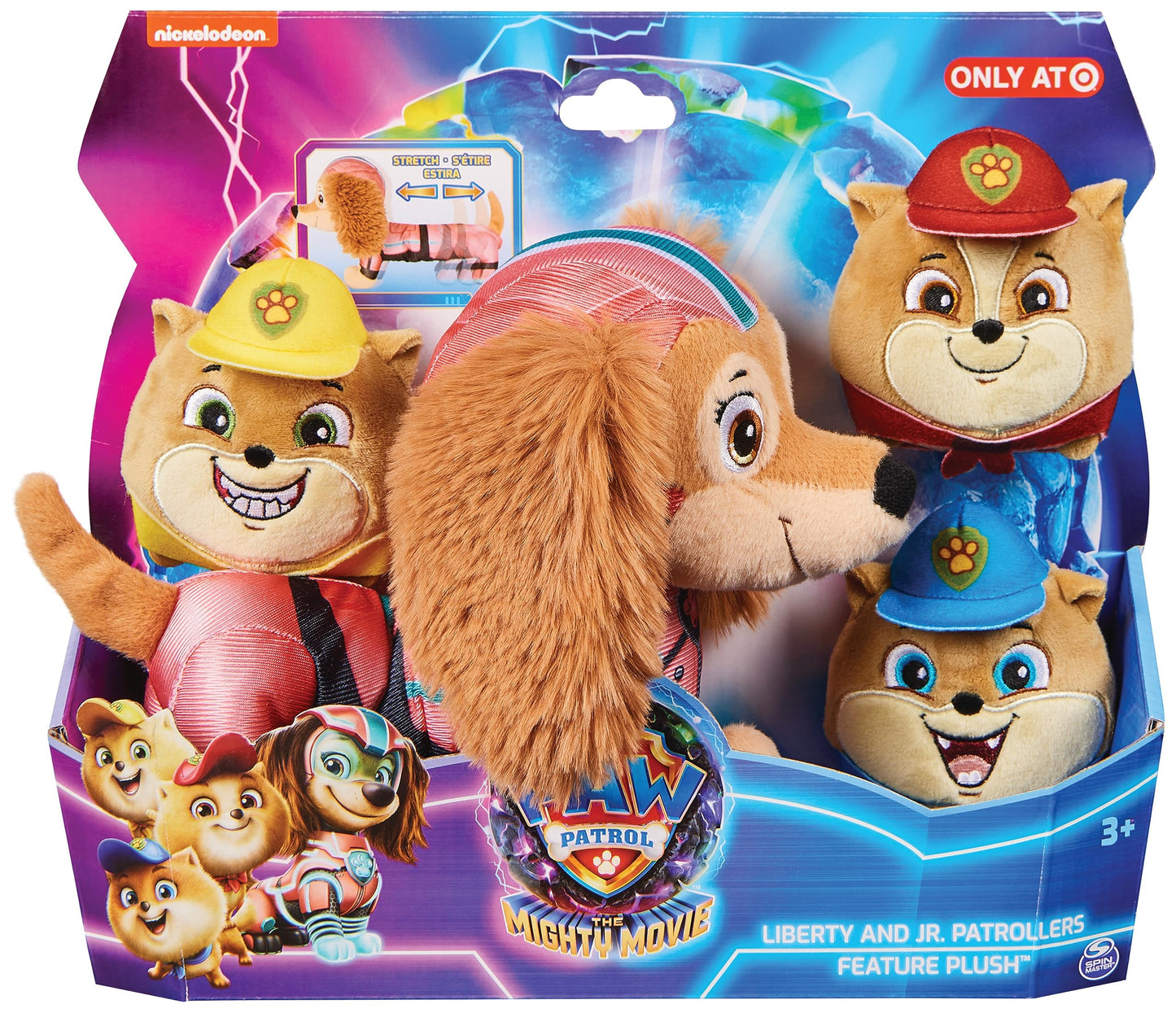 PAW PATROL: The Mighty Movie, Liberty plush figure with stretch function and 3 Junior Patroller mini plush figures, 24cm long, suitable toy for toddlers.