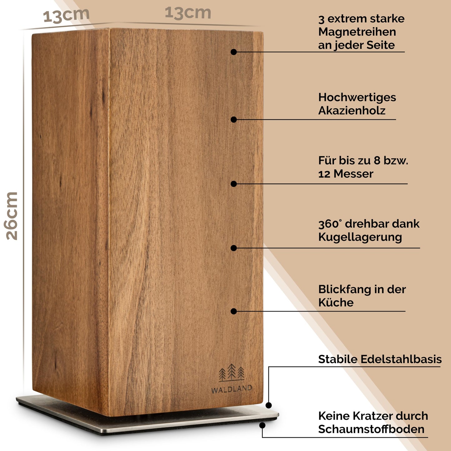 WALDLAND Premium knife block without knives I Magnetic and 360° rotatable knife block made of elegant and sturdy acacia wood I Magnetic knife holder for knives I Wooden block kitchen organizer