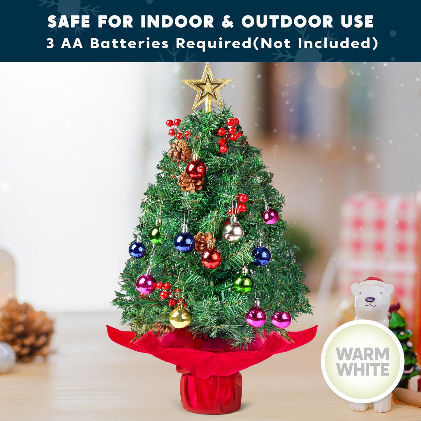 JOIEDOMI 24"/2FT Pre-lit Tabletop Christmas Tree with warm lights, holly berries, and pine cones for a beautiful Christmas decoration.