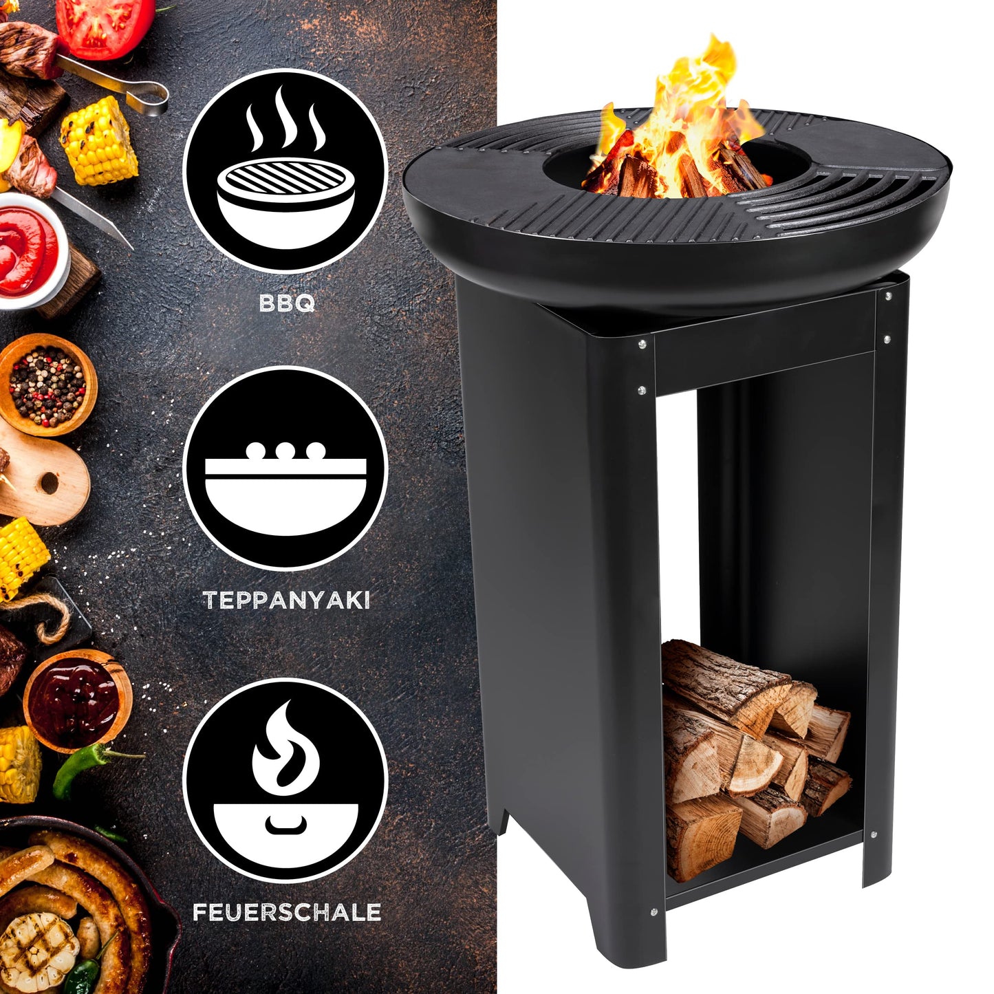 BBQ Collection 3-in-1 fire pit with grill grate - fire basket 61 x 90 cm - outdoor kitchen with Teppanyaki and BBQ grill plate - Plancha BBQ with wood storage - garden fireplace for outdoor use - metal.