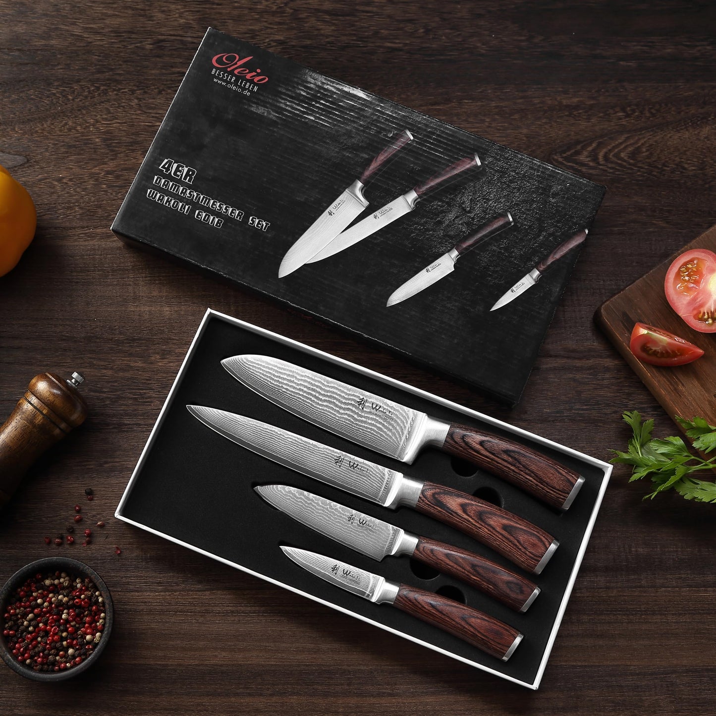 Wakoli EDIB Damascus Knife Set 4 pieces made of 67 layers of damascus steel with VG10 core & pakkawood handle - Kitchen knife set with santoku, paring knife & utility knife in gift box