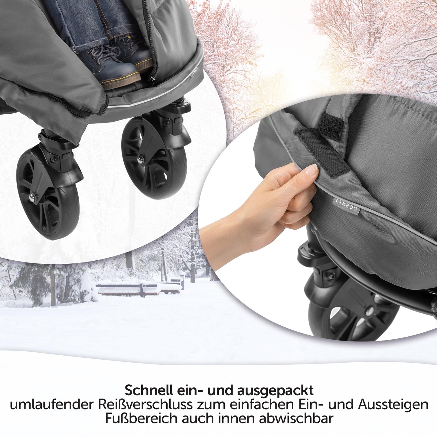 Zamboo footmuff for Joie stroller (fits Litetrax, Mytrax, Chrome) - winter footmuff for strollers, with reflector, hood function & pocket - Grey
