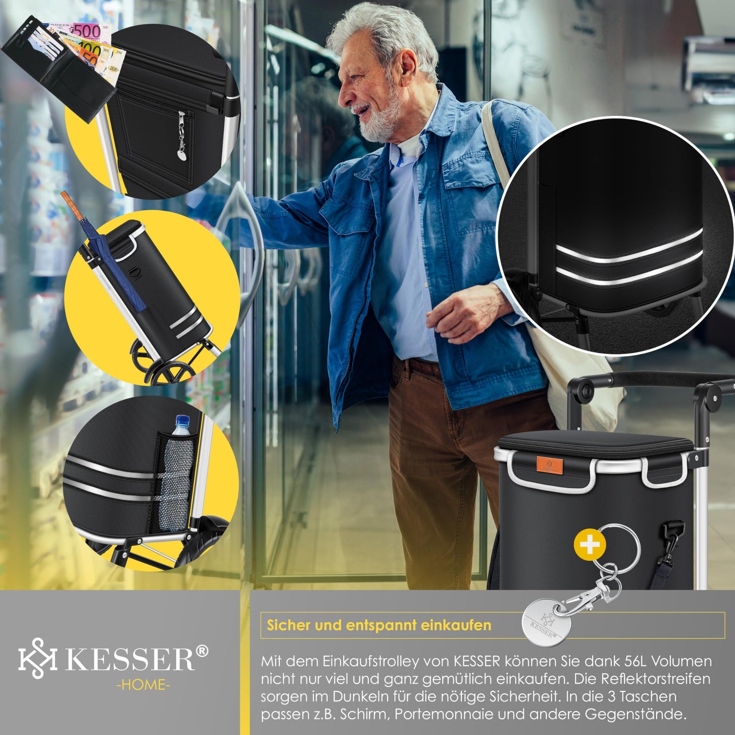 KESSER® Folding shopping trolley with 56L capacity and loadable up to 50kg | 3in1 trolley hand truck & shoulder bag | Foldable shopping cart including cooler compartment & shopping chip | Stair climber black