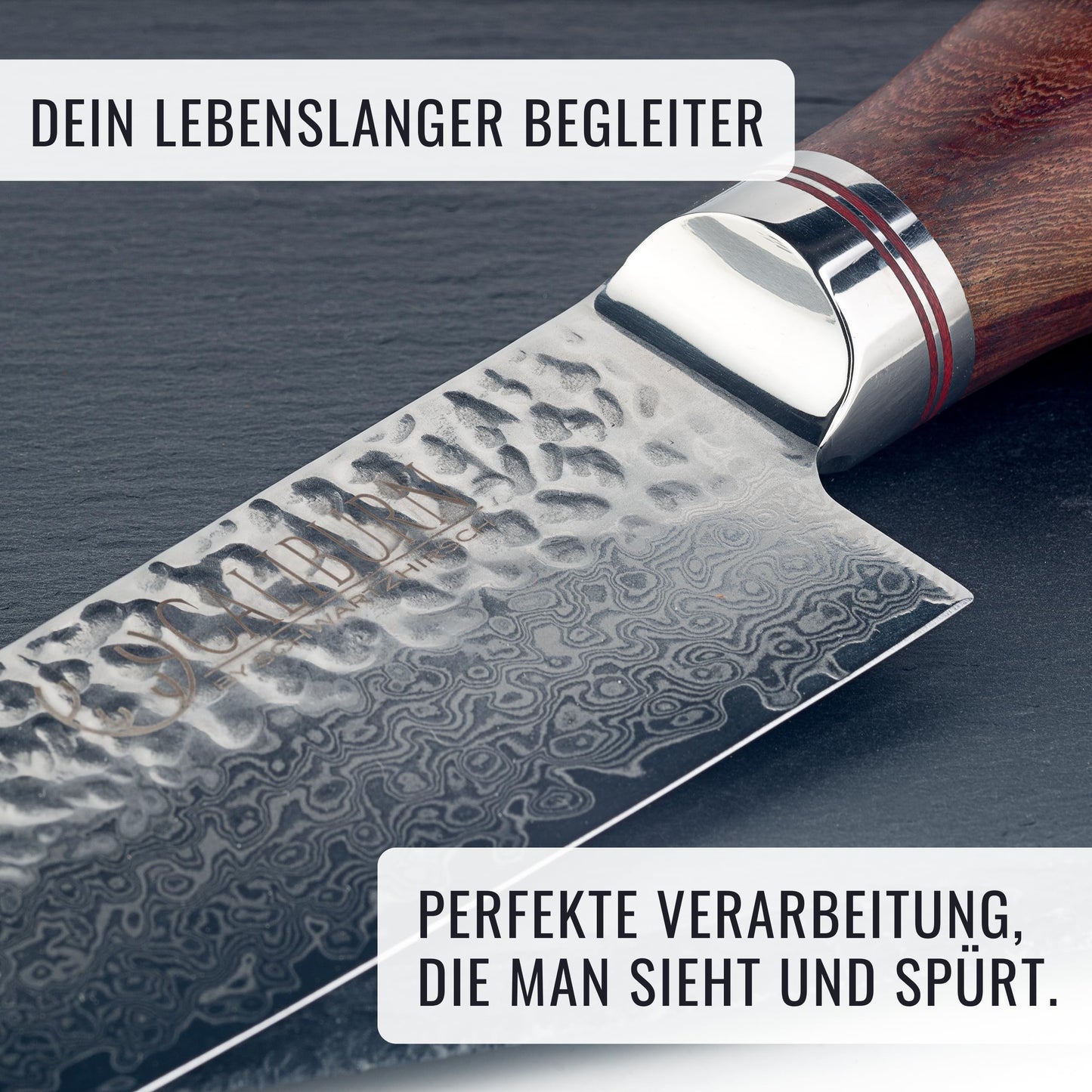 SCHWARTZHIRSCH® Caliburn - The handcrafted chef's knife made from Japanese Damascus steel with a fine genuine wood handle in an exclusive walnut wood box (20cm, Damascus knife, gift packaging)
