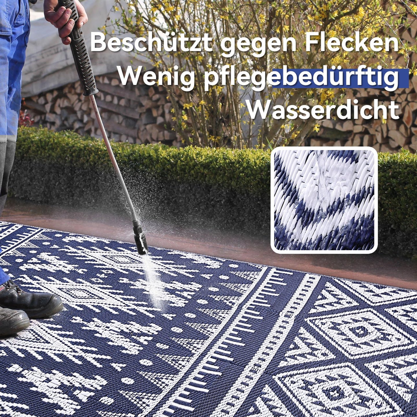 Homaxy outdoor rug weatherproof, plastic straw foldable washable UV-resistant reversible balcony garden rug for patio camping picnic (240 x 300 cm, navy blue & white)