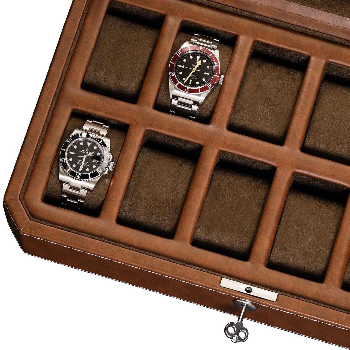 ROTHWELL 12 Slot Leather Watch Box for Men - Luxury Watch Case Display Organizer, Men's Storage Boxes Holder with Large Glass Lid (Black/Gray)