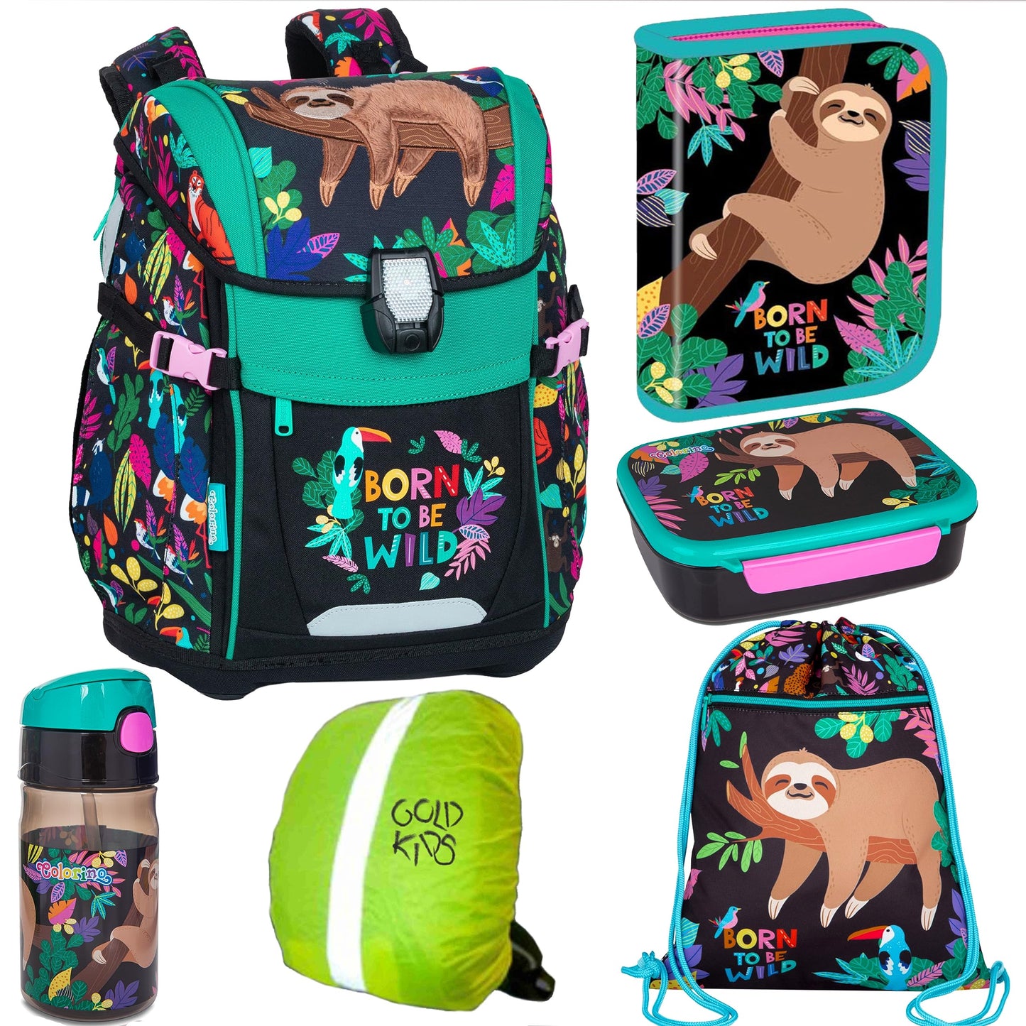 Goldkids school bag school bag set Born to be wild backpack pencil case shoe bag water bottle lunch box rain cover sloth design 6 pieces
