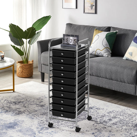 Yaheetech bathroom cart with 10 stackable drawers and metal frame. Bathroom trolley with shelves, 32×36.5×90.5 cm black.