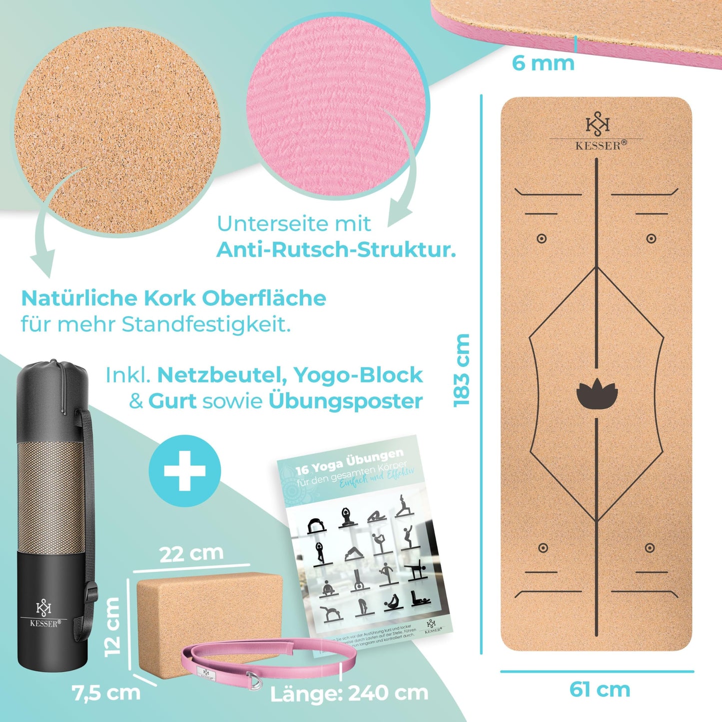 KESSER® Cork Yoga Mat with Carry Strap Bag & Yoga Block Gymnastic Mat Yoga Mat Non-Slip Natural Rubber TPE Fitness Mat, 183 x 62 Exercise Mat for Fitness Sports Mat, Gymnastics extra thick
