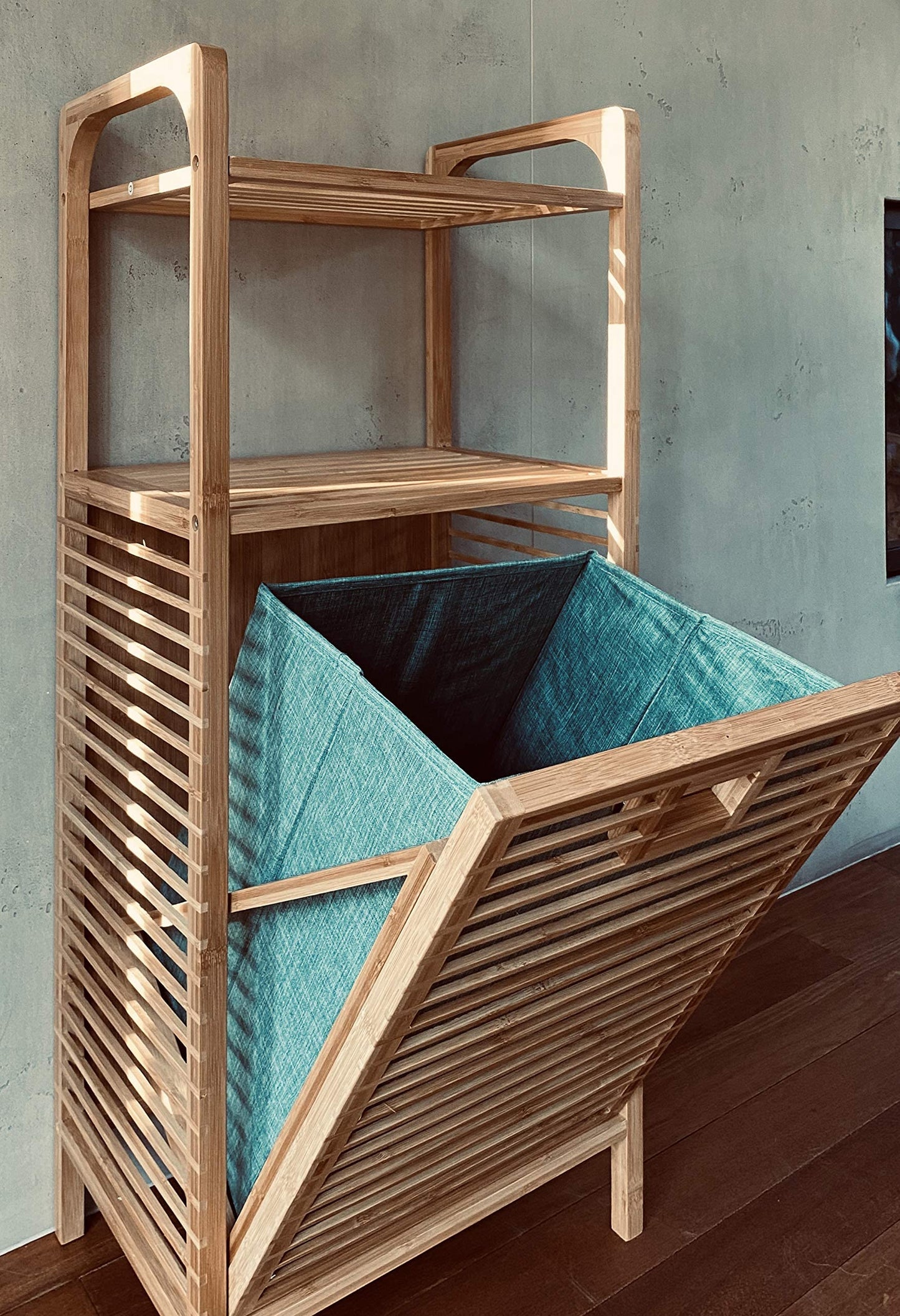 osoltus Edge laundry sorter - Bamboo bathroom shelf with foldable laundry basket - laundry cabinet - bathroom organizer - laundry sorting system - 40x30x90 cm