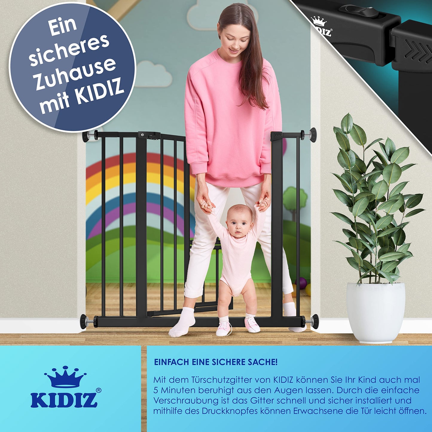 KIDIZ® Door Safety Gate | Stair Gate for Kids | with Pet Door for Dogs and Cats | No Drilling | Expandable | Compatible with Y-Spindles | Swivel Door | Size: 81-94 cm