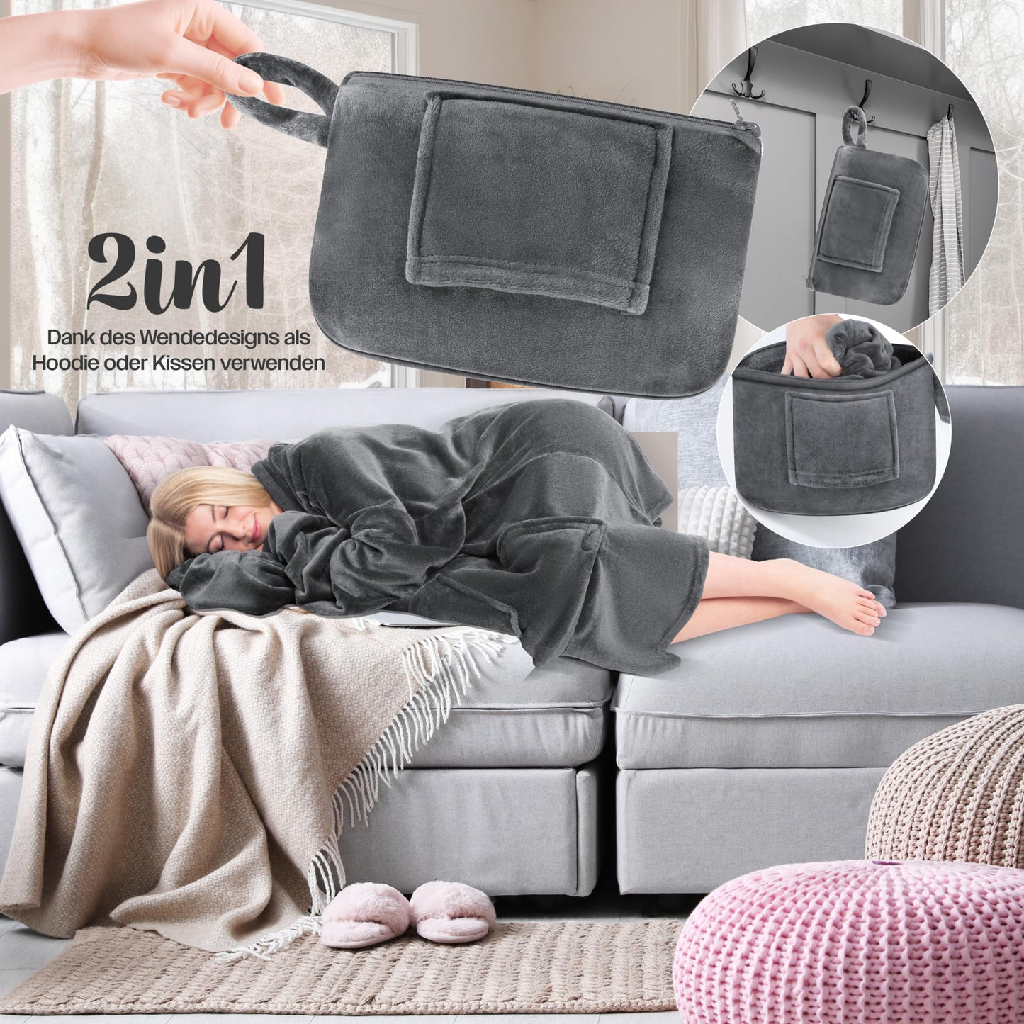 KESSER® Hoodie Blanket Snuggle Blanket with Sleeves Blanket Pullover Versatile Wearable Blanket for Women & Men, Sweatshirt Cozy Fleece Adult Soft Sleeve Blanket Oversize Anthracite
