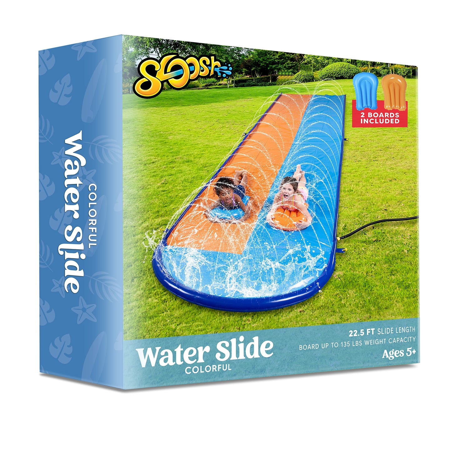 SLOOSH 22.5ft x 62in/685.8*157.5cm Double Lawn Water Slide, sturdy water slide with sprinkler and 2 inflatable boards for kids and adults, summer party, backyard, outdoor water activities.