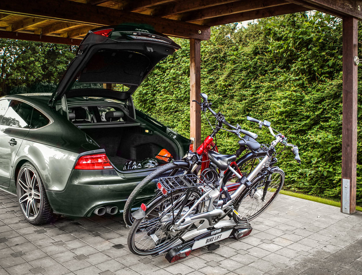 EUFAB 11535 Bike Carrier BIKE LIFT, suitable for E-Bikes, fully pre-assembled, electric lowering function, anti-theft protection, for 2 bikes, for towbar, 135x74x74cm