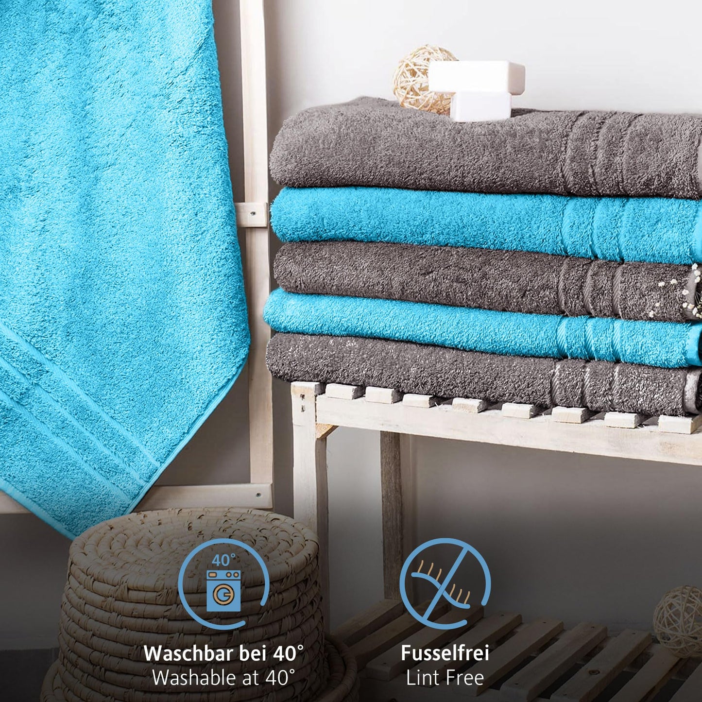 Comfortec 2-piece sauna towel set 70x200 cm made of 100% cotton, XXL sauna towels, soft, large, terry, quick-drying, anthracite gray/turquoise.