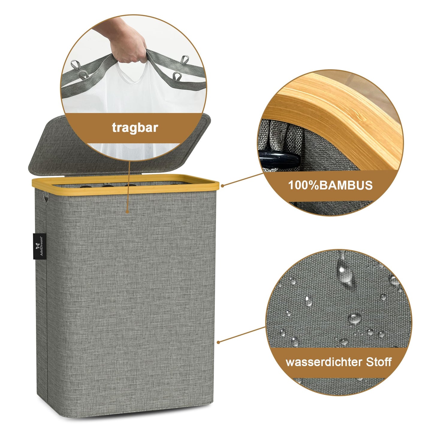 AdelDream 160L laundry basket with lid 3 compartments laundry hamper narrow laundry sorter laundry box laundry bin with lid laundry chest laundry baskets 160L Gray