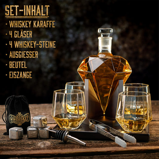 WHISKEY Whiskey Decanter Set - Whiskey Gift Set - Gifts for Men - Men's Gift - Birthday Gift for Man - Diamond Decanter 1000ML, Gift Box, 4 Glasses, 4 Whiskey Stones