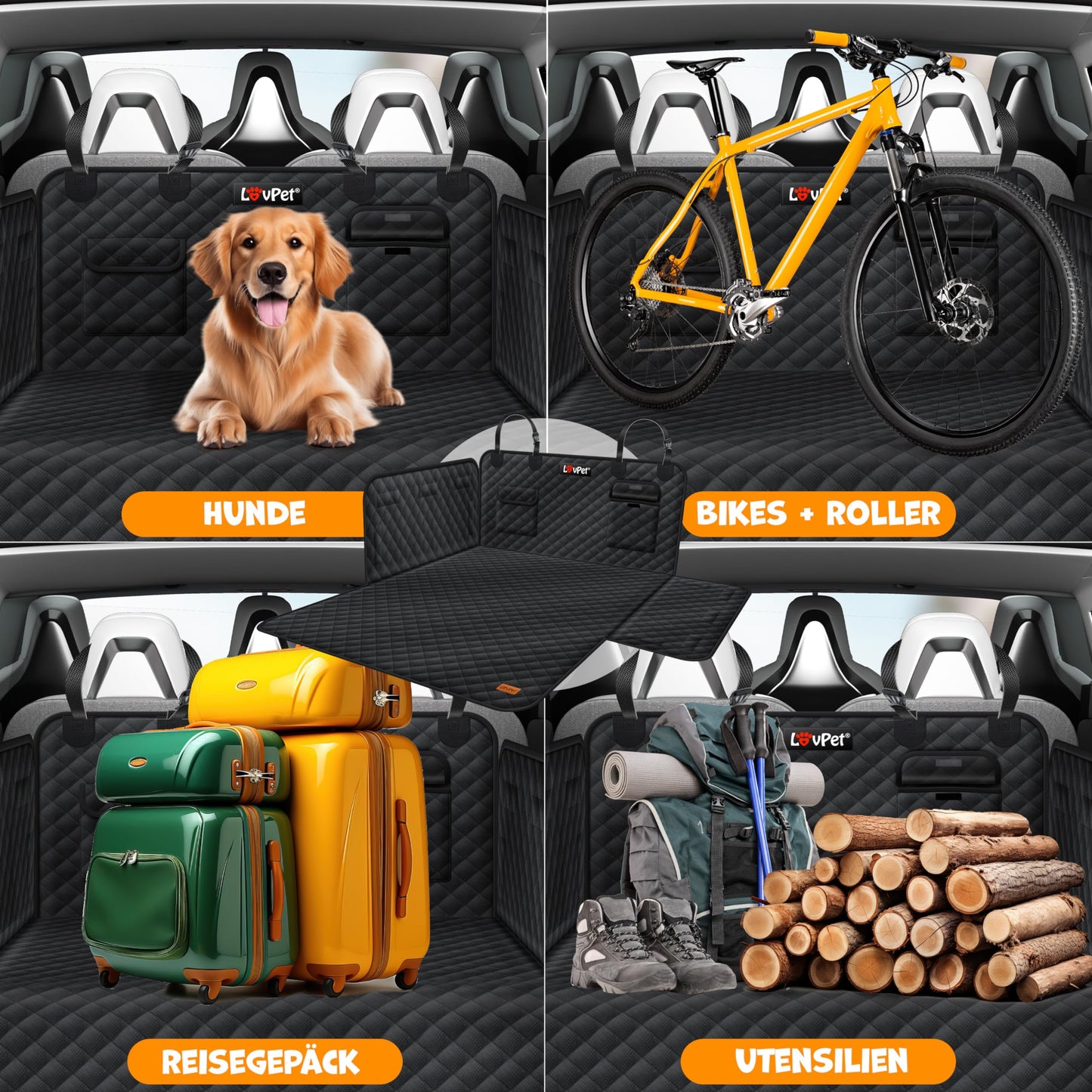Lovpet trunk protector with side and bumper protection, dog blanket for car back seat with window & accessories. Premium dog car seat cover - waterproof, scratch-resistant & universally applicable in black.