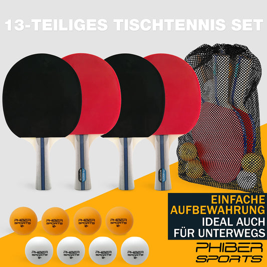 PHIBER-SPORTS Table Tennis Set with 4 paddles, 8 balls, and convenient carrying case. Suitable for indoor and outdoor use, perfect for beginners, families, and professionals.
