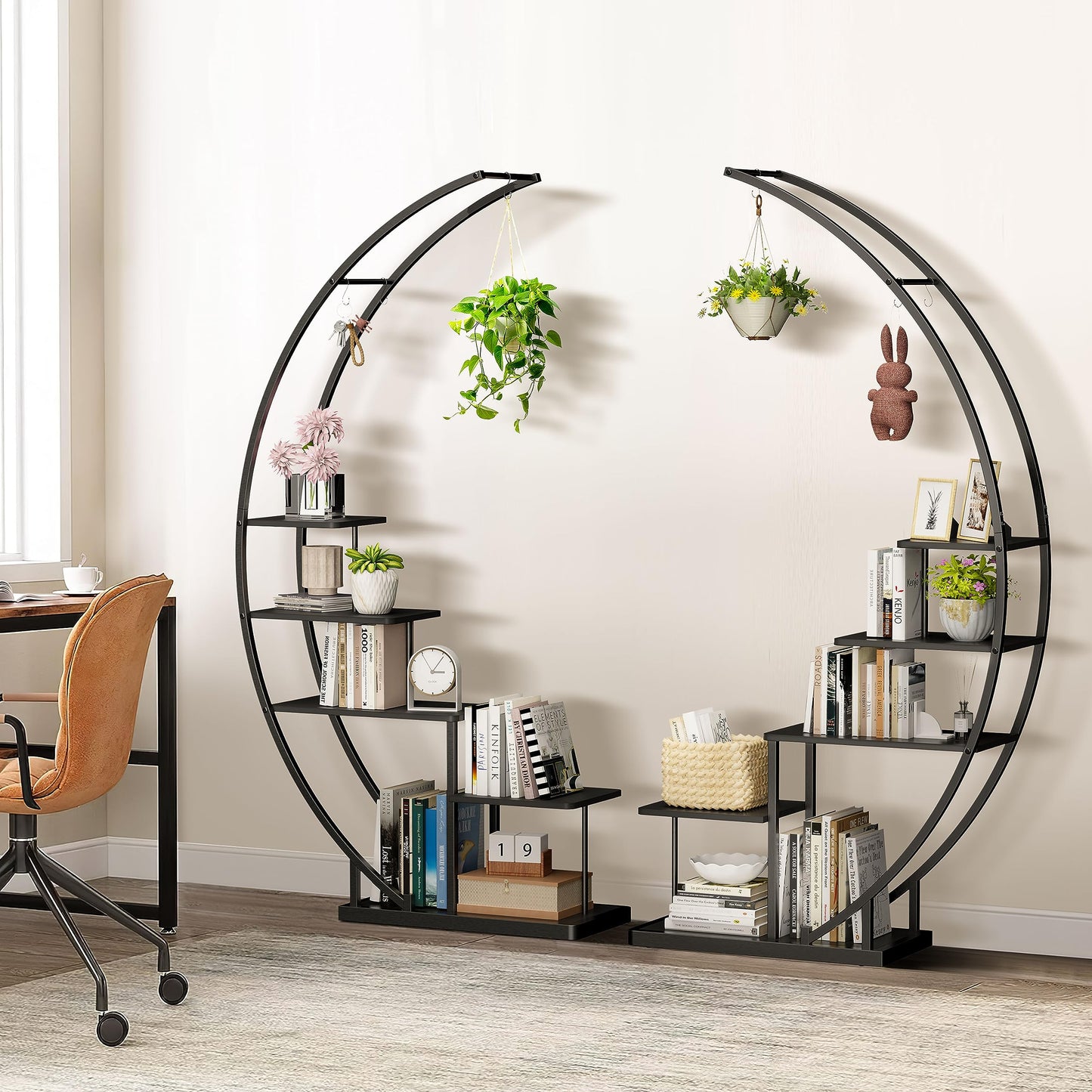 Rebel 5-tier metal plant stand in half-moon shape 172cm tall, plant shelf with 5 shelves & hooks, high flower stand plant ladder with tip protection for balcony living room patio (2 pieces, black)