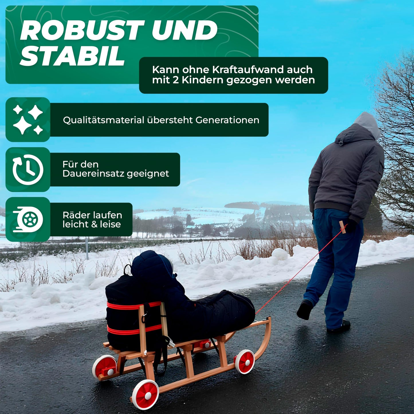 Roll Rodel Original wooden sled with wheels for use on pavement and snow - sled with wheels, red plastic backrest, and pull rope (Davos sled 110cm) - children's vehicle - baby sled