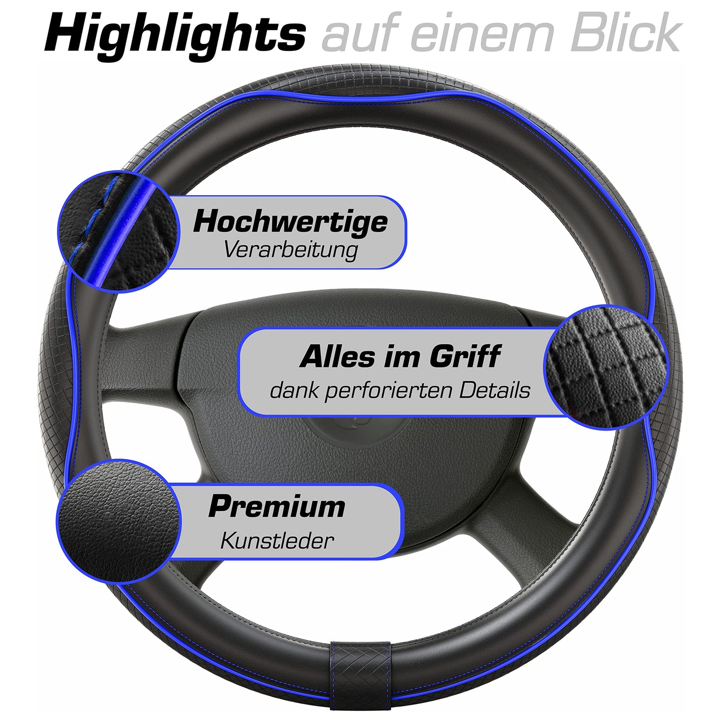 Upgrade4cars steering wheel cover Blue Black in leather look | Steering wheel cover Universal 37-38 cm for summer & winter | Car accessories interior gift ideas | Gifts for women and men
