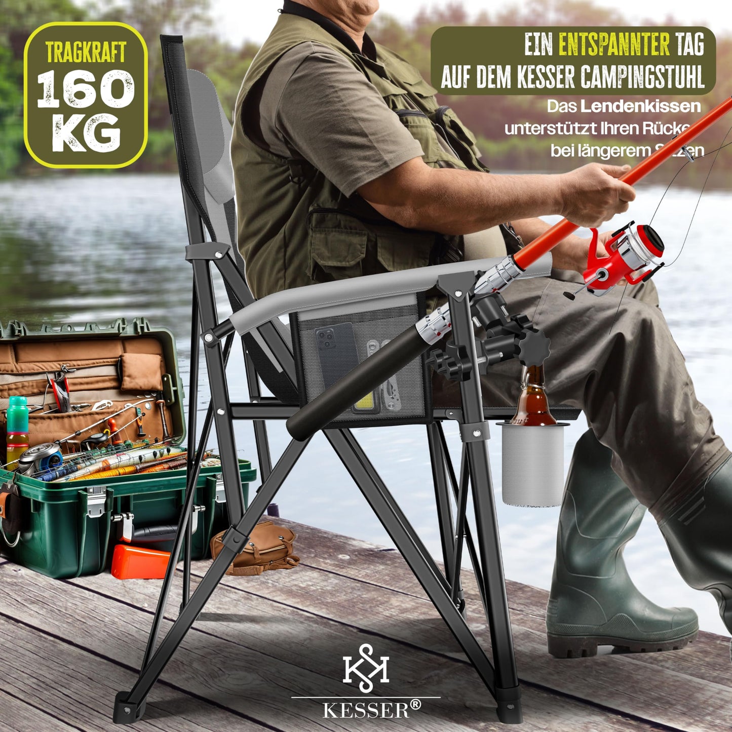KESSER® Camping chair foldable up to 160 kg | Fishing chair Folding chair Padded with armrests | Camping light and cup holder + bag with high backrest | Beach chair with fishing rod holder