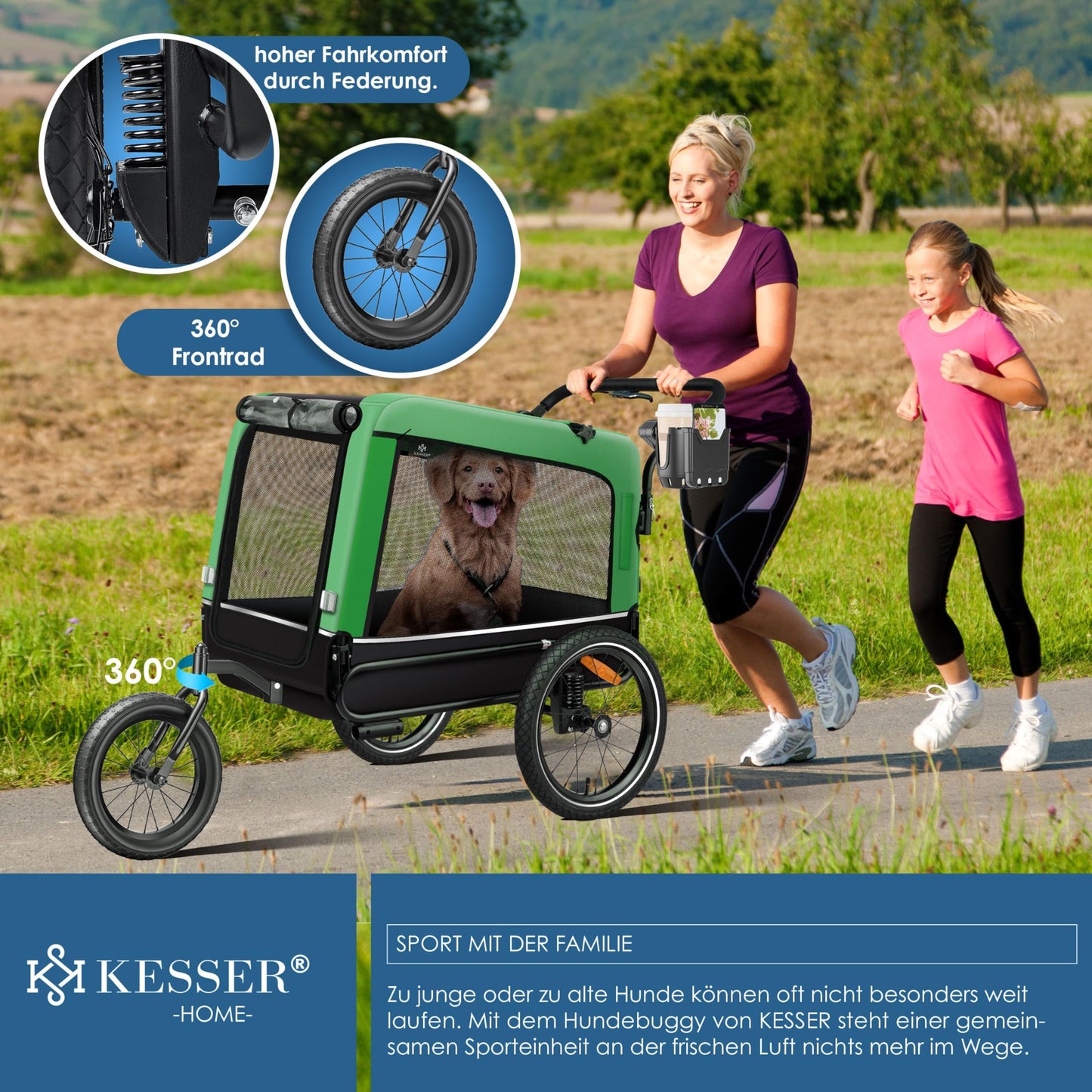 KESSER® Dog Trailer Boxer 3-in-1 Dog Stroller & Jogger Bicycle Trailer large approx. 240 liters volume, sprung, Material: 600D Oxford Canvas, SmartSpace Concept, maximum load capacity: 40 kg