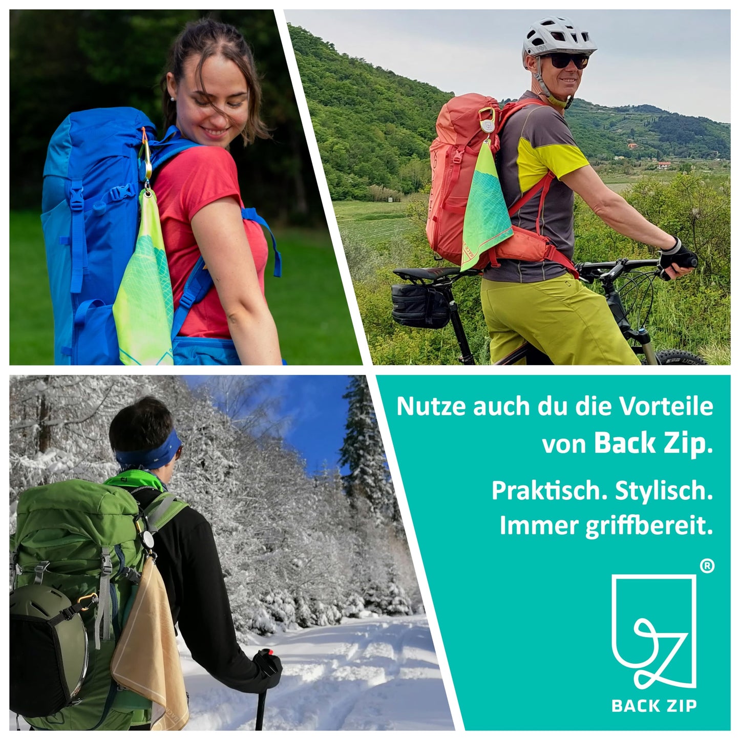 Back zip KEENON Sports microfiber towel with carabiner roll - ideal as a sweat towel - hiking accessory - mini towel, sports towel, face towel quick-drying