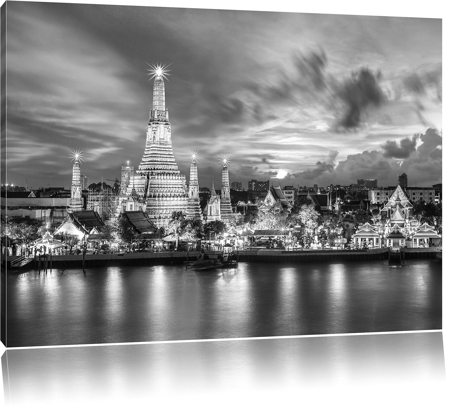 Pixxprint Wat Arun Night View Temple Bangkok Thailand Art B&W, Size: 100x70cm, Canvas Print, Stretched, Wall Art, Decoration, Art Print, not a Poster