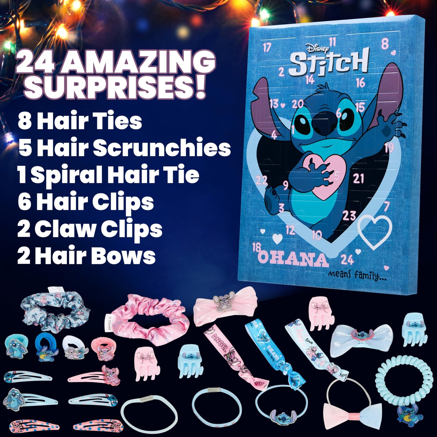 Disney Stitch Advent Calendar 2025 Girls Sweet Christmas Countdown Calendar with 24 Surprises Hair Accessories Children Gift Idea (Blue)