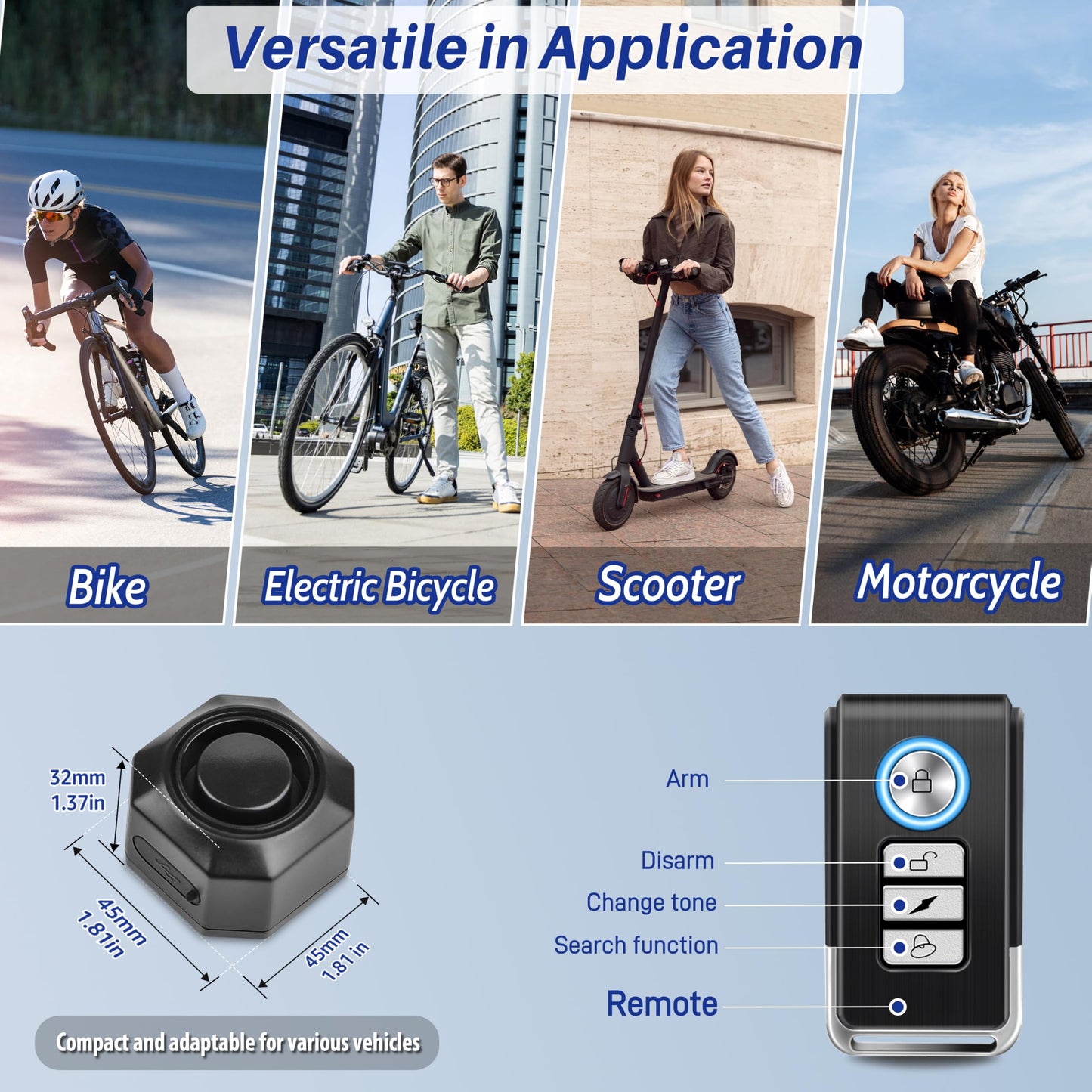 Cruxer Bicycle Alarm with USB Rechargeable, Anti-Theft Security Accessories, Theft Protection with Remote Control, Wireless Bike Lock Alarm for Scooter, MTB, Ebike, E Scooter