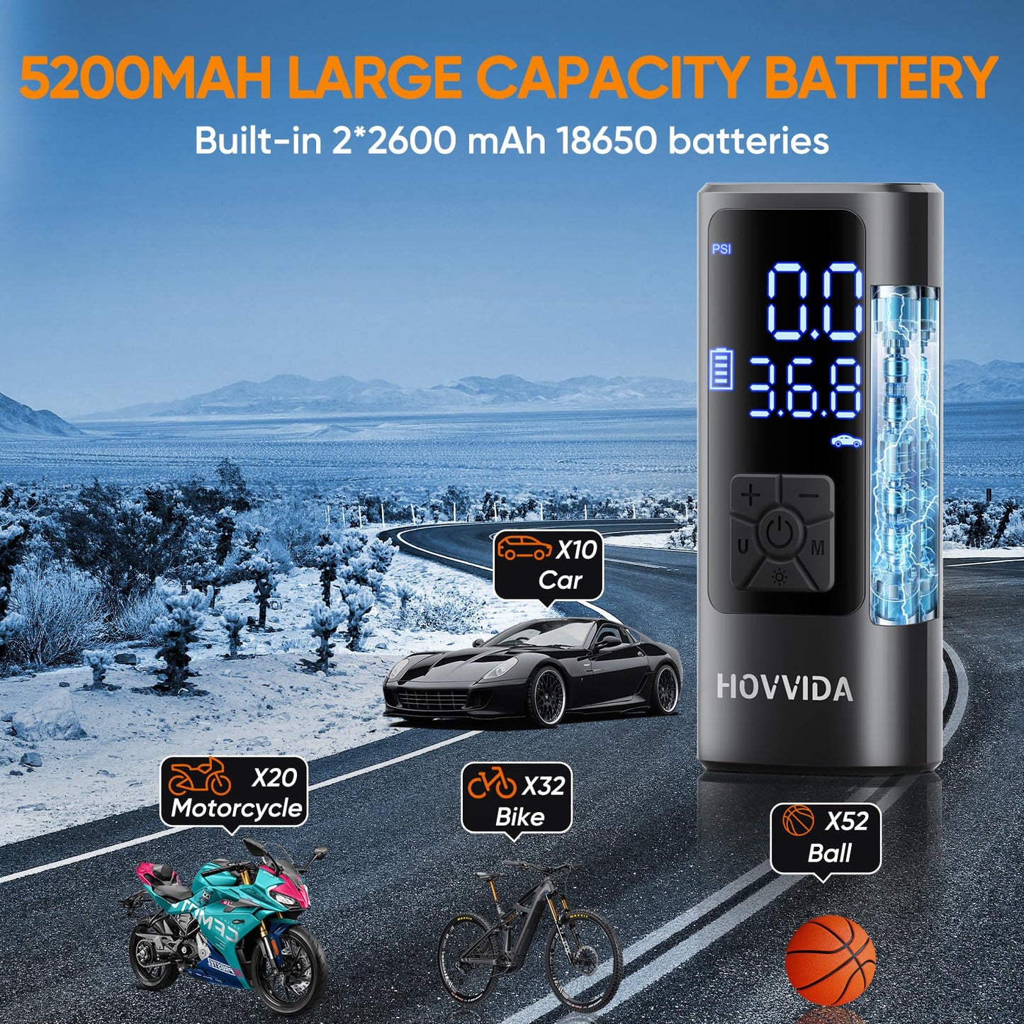 HOVVIDA Electric Air Pump Portable Bike Pump Electric Mini Tire Pump 150 PSI (10.3 Bar) 5V, Auto Shut-Off, 5200 mAh, LED, for Car, Motorcycle, Bike, Ball
