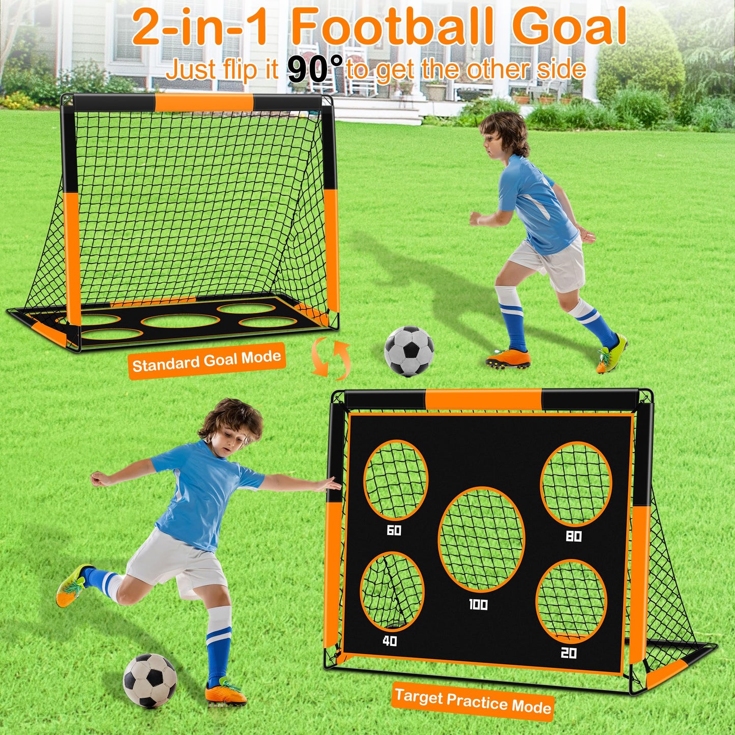 Gofady 2-in-1 Soccer Goal for Kids - Portable & Durable Soccer Goal with 5 Target Areas, Foldable Design, Carrying Bag, Garden, Park, Beach (Orange, 150 * 120 * 120cm)
