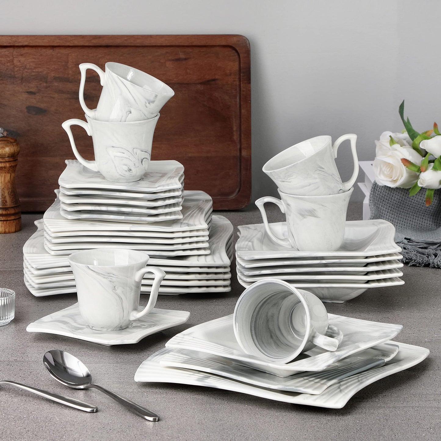 MALACASA, Amparo series, 30-piece marble porcelain dinnerware set with 6 dinner plates, 6 soup plates, 6 dessert plates, 6 coffee cups, and 6 saucers.